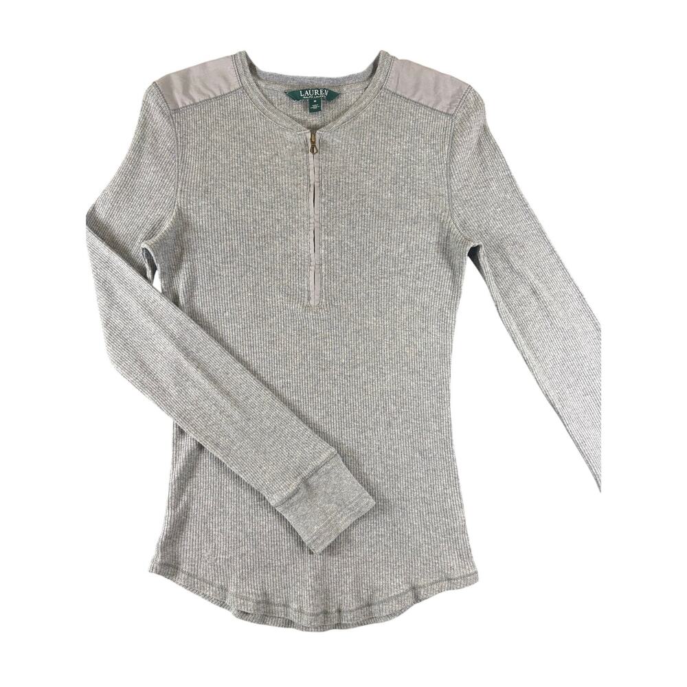 Lauren Ralph Lauren Gray Ribbed Cotton Quarter Zip Top M